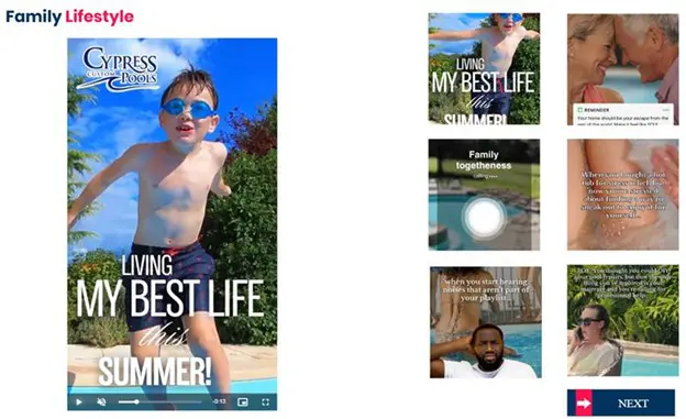 Family lifestyle social media campaign preview featuring a child enjoying a swimming pool and multiple summer-themed promotional posts.